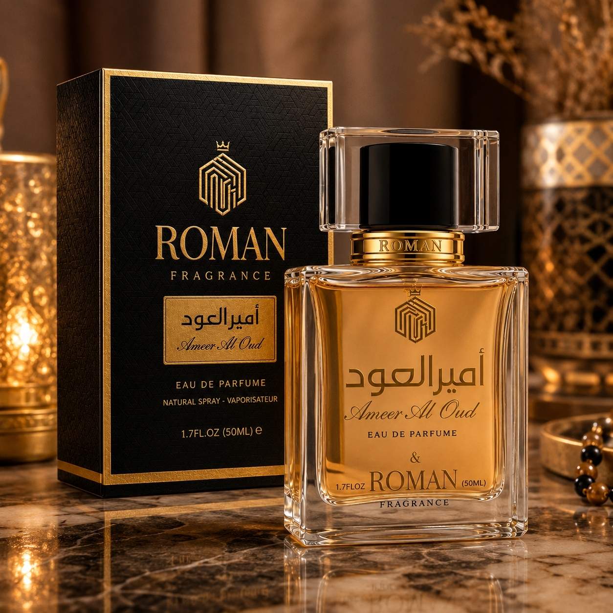 Roman Fragrance Ameer Al Oud Eau De Parfum premium display